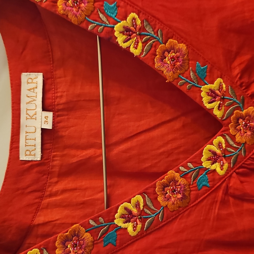 Ritu Kumar Red Floral Embroidered Cotton Dress, 4, XS, Boho, Beaded, Vacation - Picture 3 of 12